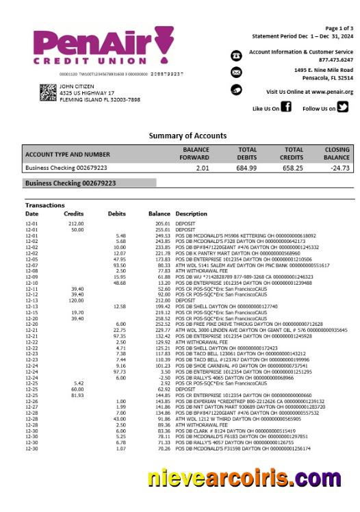 USA Florida PenAir Credit Union bank statement, 3 pages